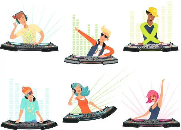 Vector illustration of DJ characters. Vector illustrations of music cartoon mascots