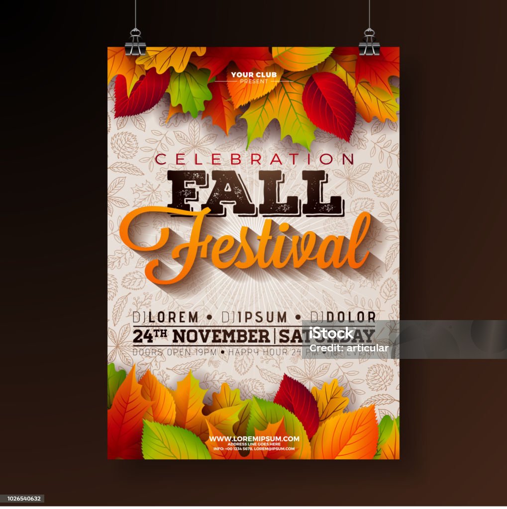 Illustrazione volantino festa autunnale con foglie cadenti e design tipografico su sfondo doodle. Design vettoriale del festival autunnale autunnale per invito o poster di celebrazione delle festività. - arte vettoriale royalty-free di Autunno