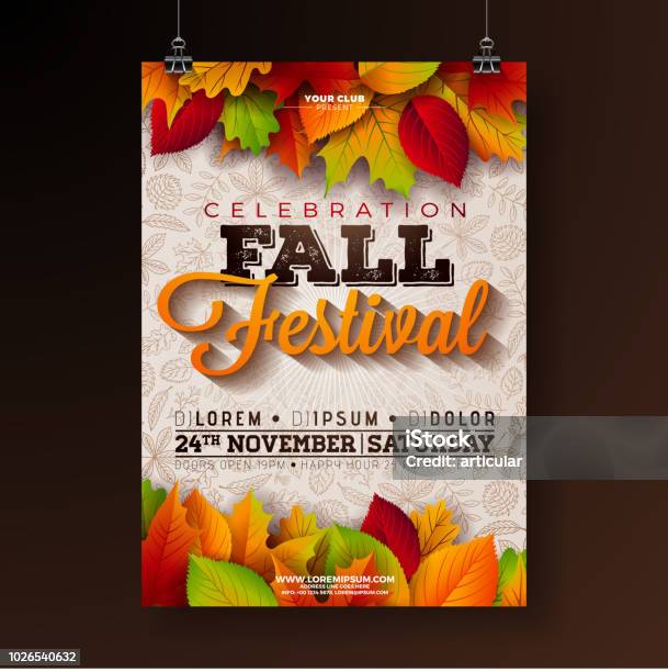 Autumn Party Flyer Illustration With Falling Leaves And Typography Design On Doodle Pattern Background Vector Autumnal Fall Festival Design For Invitation Or Holiday Celebration Poster Stock Illustration - Download Image Now