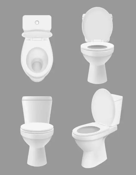 Vector illustration of Realistic clean toilet. White bowls in bathroom or washing room various views of close up toilet. Vector hygiene concept pictures