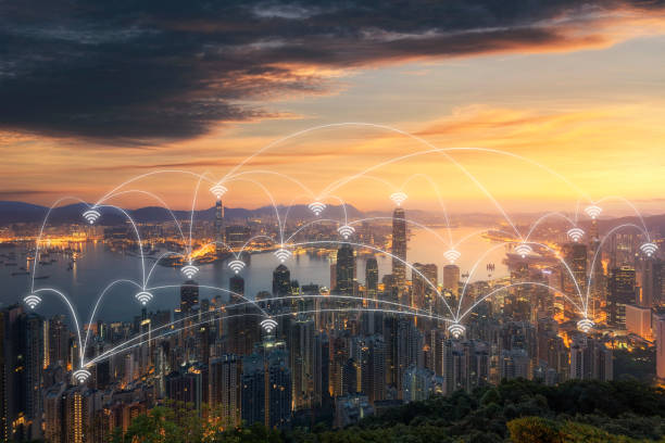istock Wireless communication network in Big city concept. IoT(Internet of Things). ICT(Information Communication Technology) 1026541584