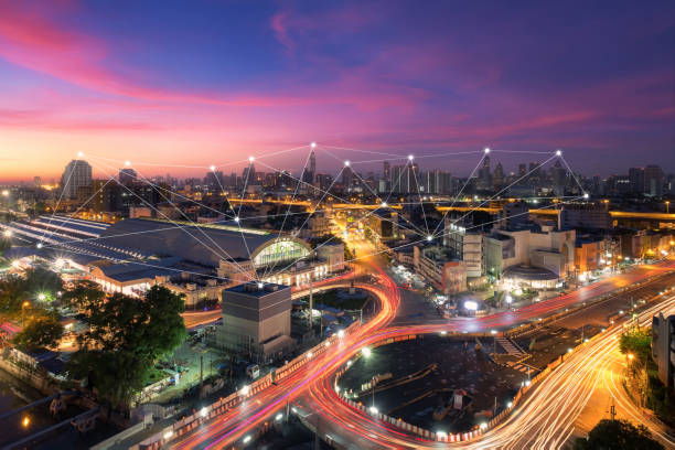 istock Wireless communication network in Big city concept. IoT(Internet of Things). ICT(Information Communication Technology) 1026541590