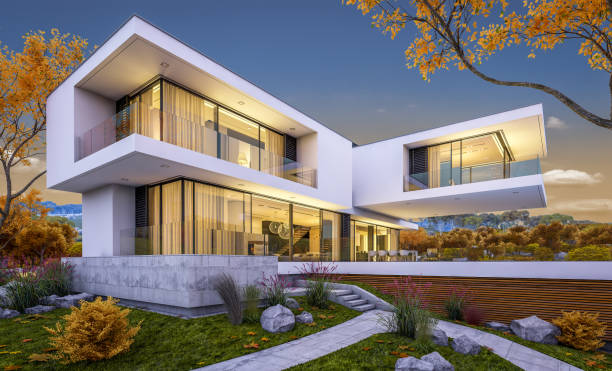istock 3d rendering of modern cozy house by the river. Cool autumn evening with soft light. 1026556086