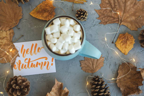 istock Blue mug with coffee, hot chocolate or cocoa with marshmallow on gray concrete background and lying dry leaves, cones, garland, sign Hello Autumn. Concept of warm cozy autumn. 1026556200