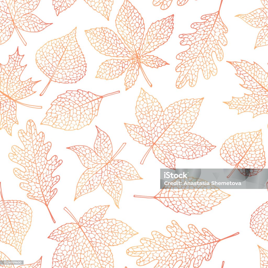 Vector autumn seamless pattern with oak, poplar, beech, maple, aspen and horse chestnut leaves outline on the white background. Fall line art of foliage. Autumn stock vector