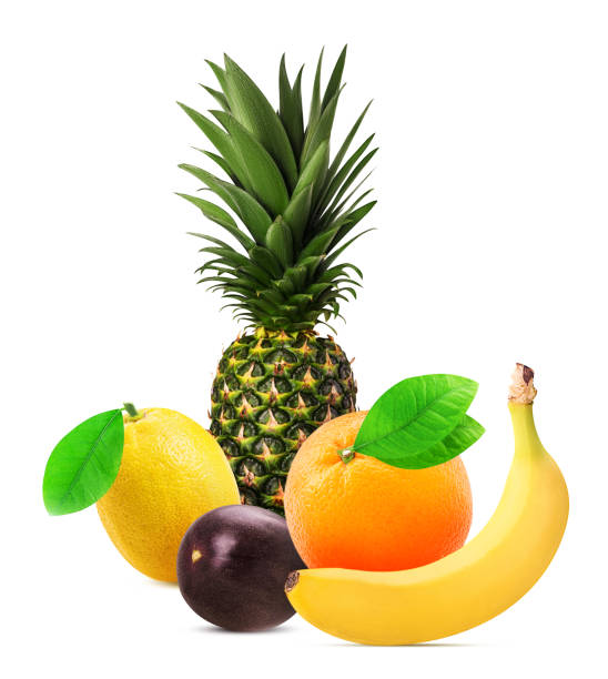 istock Lemon orange banana pineapple passion fruit with leaf 1026562074