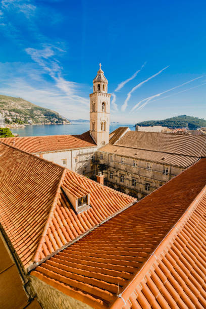 View of Dubrovnik Old Town house roofs and tower.