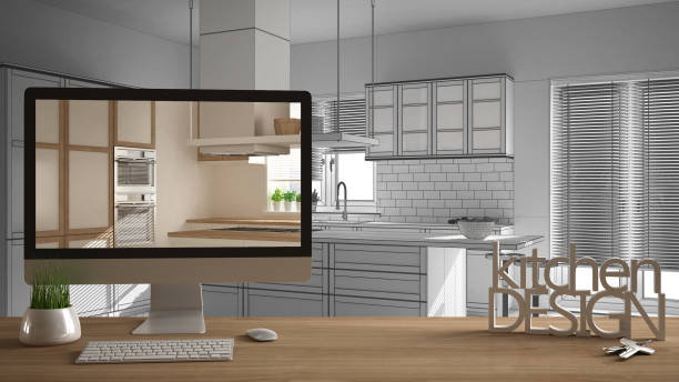 istock Architect designer project concept, wooden table with house keys, 3D letters and desktop showing draft, blueprint CAD sketch in the background, white interior design 1026566670