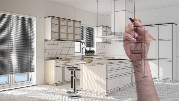 istock Hand drawing custom modern minimalist white kitchen. Tailored unfinished project architecture interior design 1026566982