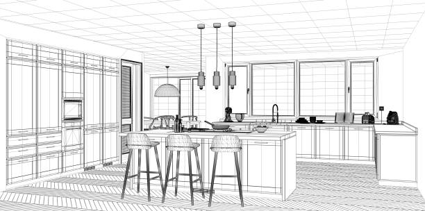 istock Interior design project, black and white ink sketch, architecture blueprint showing classic kitchen with island 1026567276