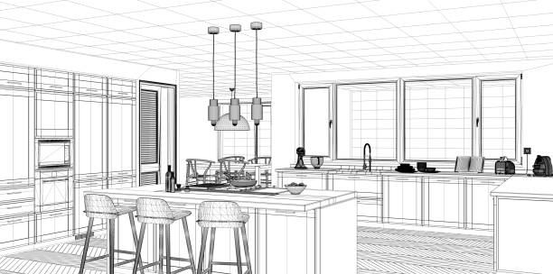 istock Interior design project, black and white ink sketch, architecture blueprint showing classic kitchen with island 1026567292