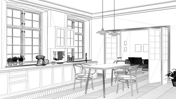 istock Interior design project, black and white ink sketch, architecture blueprint showing contemporary kitchen with dining table 1026567308