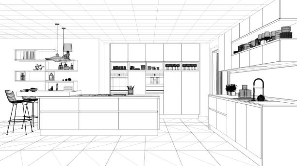 istock Interior design project, black and white ink sketch, architecture blueprint showing modern kitchen with island 1026567586
