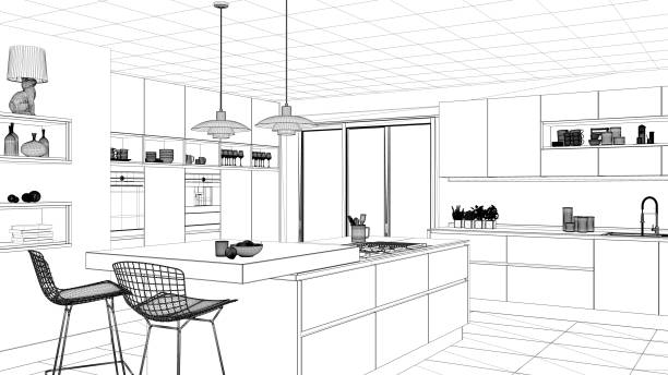 istock Interior design project, black and white ink sketch, architecture blueprint showing modern kitchen with island 1026567614