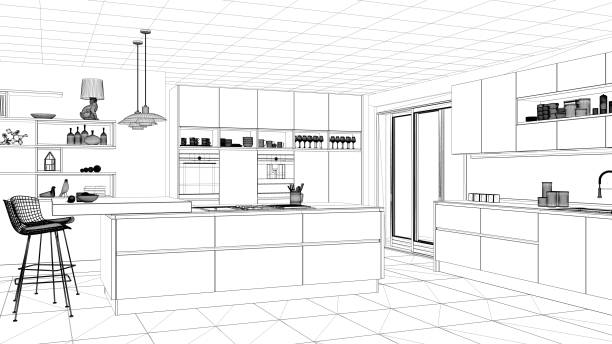 istock Interior design project, black and white ink sketch, architecture blueprint showing modern kitchen with island 1026568552