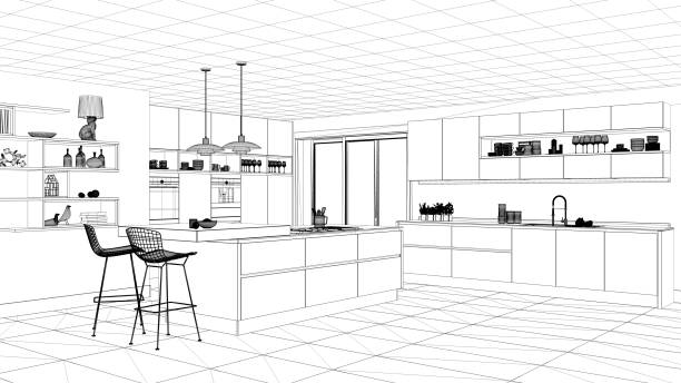 Interior design project, black and white ink sketch, architecture blueprint showing modern kitchen with island