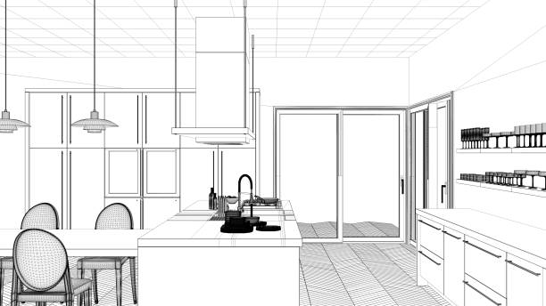 istock Interior design project, black and white ink sketch, architecture blueprint showing modern kitchen with island 1026569728
