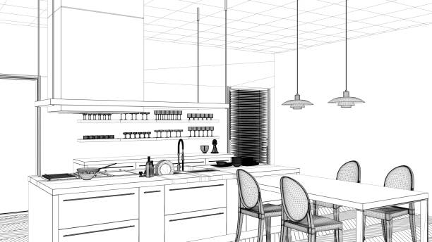 istock Interior design project, black and white ink sketch, architecture blueprint showing modern kitchen with island and chairs 1026569780