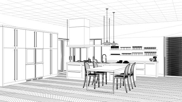 istock Interior design project, black and white ink sketch, architecture blueprint showing modern kitchen with island and chairs 1026569796