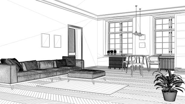 istock Interior design project, black and white ink sketch, architecture blueprint showing modern living room with dining table 1026571842
