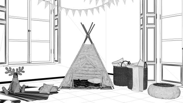 istock Interior design project, black and white ink sketch, architecture blueprint showing modern nursery child bedroom with toy tent 1026571860