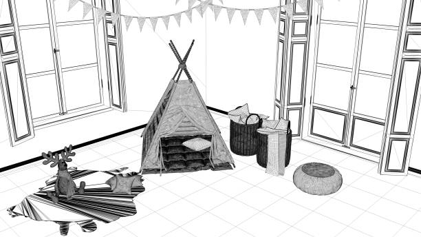 istock Interior design project, black and white ink sketch, architecture blueprint showing modern nursery child bedroom with toy tent 1026571880