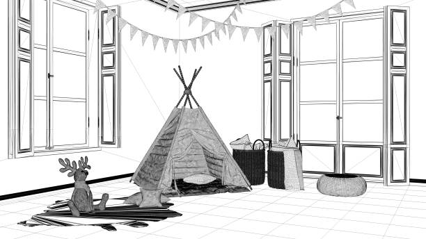 istock Interior design project, black and white ink sketch, architecture blueprint showing modern nursery child bedroom with toy tent 1026571890