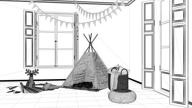 istock Interior design project, black and white ink sketch, architecture blueprint showing modern nursery child bedroom with toy tent 1026571908