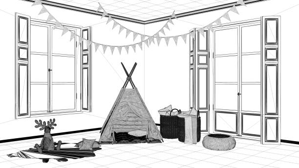 istock Interior design project, black and white ink sketch, architecture blueprint showing modern nursery child bedroom with toy tent 1026571920