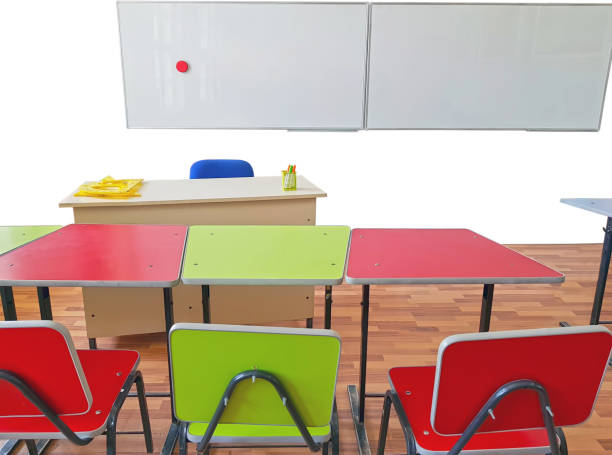 teachers desk, pupils tables and seats and wall white board Empty school classroom> teachers desk, pupils tables and seats and wall white board empty desk in classroom stock pictures, royalty-free photos & images