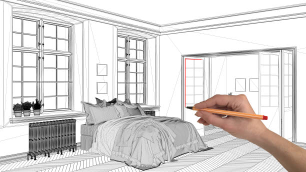 istock Interior design project concept, hand drawing custom architecture, black and white ink sketch, blueprint showing classic bedroom 1026575990