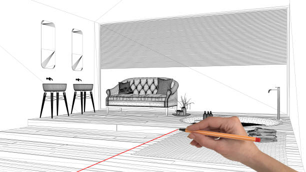 istock Interior design project concept, hand drawing custom architecture, black and white ink sketch, blueprint showing contemporary bathroom with sofa 1026576008