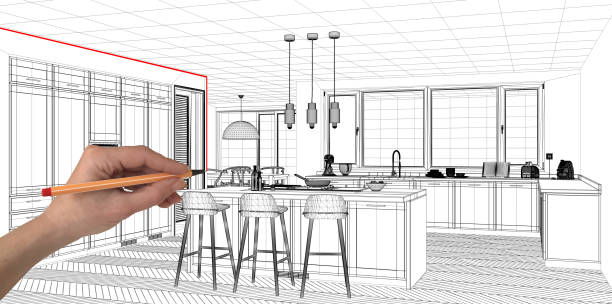 istock Interior design project concept, hand drawing custom architecture, black and white ink sketch, blueprint showing contemporary kitchen with island 1026576036