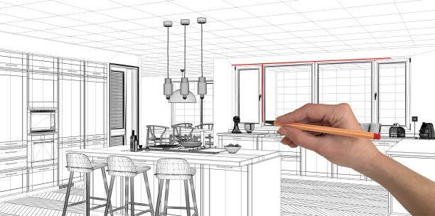 istock Interior design project concept, hand drawing custom architecture, black and white ink sketch, blueprint showing contemporary kitchen with island 1026576058