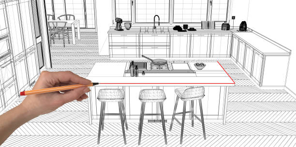 istock Interior design project concept, hand drawing custom architecture, black and white ink sketch, blueprint showing contemporary kitchen with island 1026576088