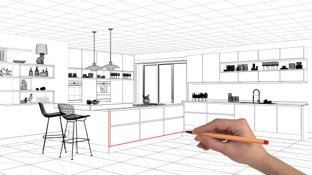 istock Interior design project concept, hand drawing custom architecture, black and white ink sketch, blueprint showing minimalist kitchen with island 1026576140