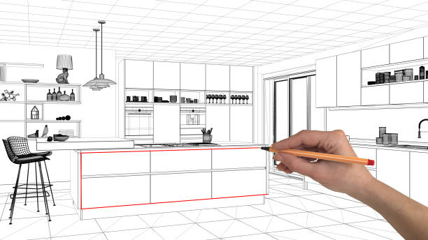 istock Interior design project concept, hand drawing custom architecture, black and white ink sketch, blueprint showing minimalist kitchen with island 1026576168