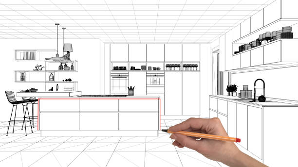 istock Interior design project concept, hand drawing custom architecture, black and white ink sketch, blueprint showing minimalist kitchen with island 1026576184
