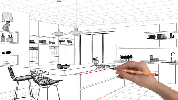 istock Interior design project concept, hand drawing custom architecture, black and white ink sketch, blueprint showing minimalist kitchen with island 1026576220