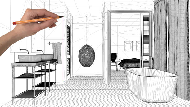 istock Interior design project concept, hand drawing custom architecture, black and white ink sketch, blueprint showing modern bathroom with bathtub 1026576260