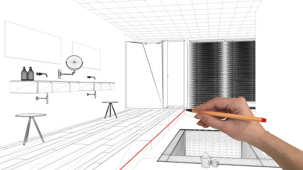 istock Interior design project concept, hand drawing custom architecture, black and white ink sketch, blueprint showing modern bathroom with bathtub 1026576274