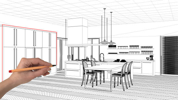 istock Interior design project concept, hand drawing custom architecture, black and white ink sketch, blueprint showing modern kitchen with dining table 1026576362