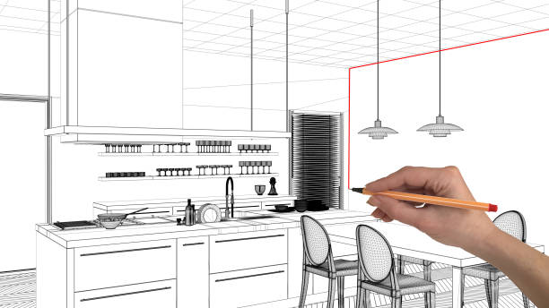 istock Interior design project concept, hand drawing custom architecture, black and white ink sketch, blueprint showing modern kitchen with dining table 1026576380