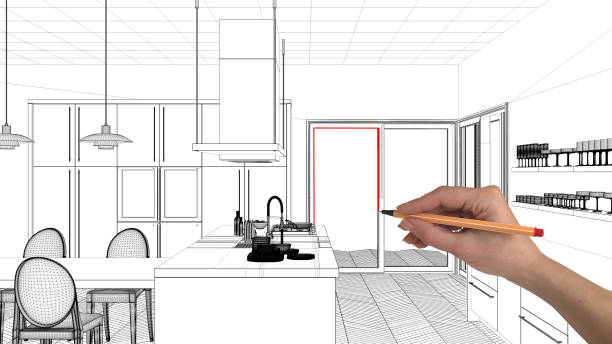istock Interior design project concept, hand drawing custom architecture, black and white ink sketch, blueprint showing modern kitchen with dining table 1026576386