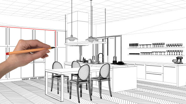 istock Interior design project concept, hand drawing custom architecture, black and white ink sketch, blueprint showing modern kitchen with dining table 1026576414