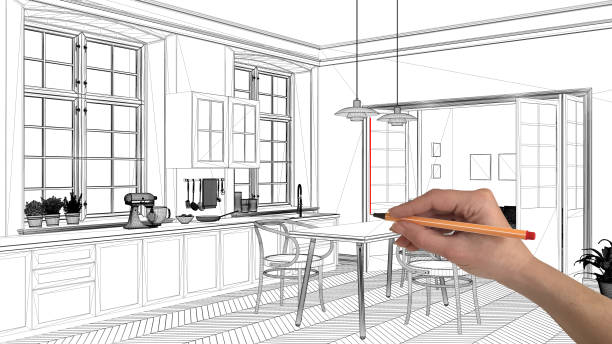 istock Interior design project concept, hand drawing custom architecture, black and white ink sketch, blueprint showing scandinavian kitchen with dining table 1026576426