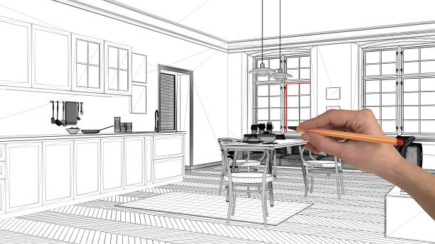 istock Interior design project concept, hand drawing custom architecture, black and white ink sketch, blueprint showing scandinavian living room with dining table 1026576438