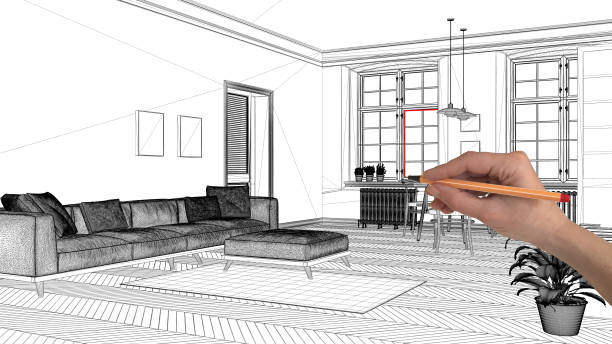 istock Interior design project concept, hand drawing custom architecture, black and white ink sketch, blueprint showing scandinavian living room with dining table 1026576442