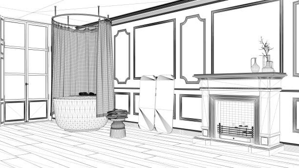 istock Interior design project, black and white ink sketch, architecture blueprint showing classic bathroom with fireplace 1026576464