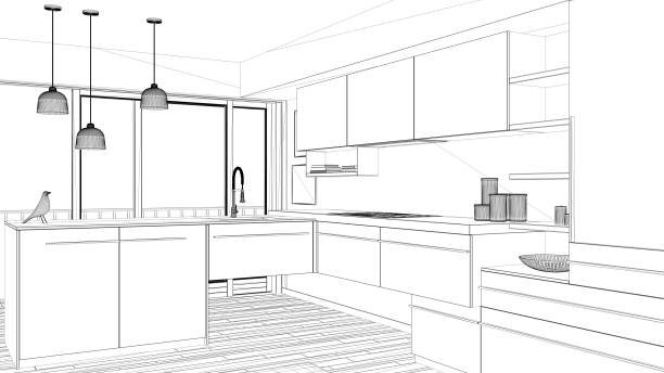 istock Interior design project, black and white ink sketch, architecture blueprint showing contemporary kitchen 1026576488